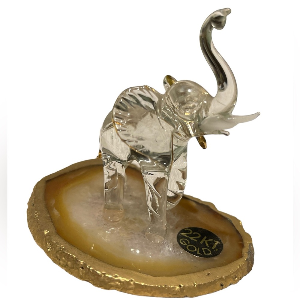 Glass Baron Lucky Elephant On Polished Stone with 22 kt Gold Accents Vintage